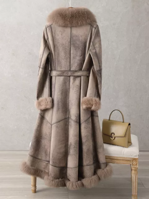 Women's Genuine Fur Coat Knee-Length Fox Fur Collar Warm Rabbit Fur Slim Jacket 3