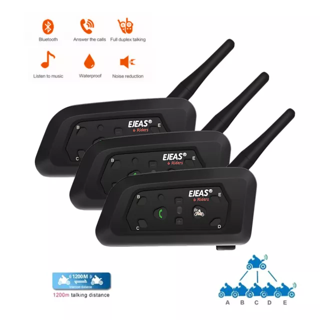 EJEAS V6 Pro Motorcycle BT Intercom 1.2KM FM Radio Headset Helmet GPS 3Pcs