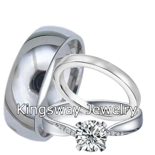 His & Hers 3 pc Womens STERLING SILVER & Mens Stainless Steel Wedding rings set