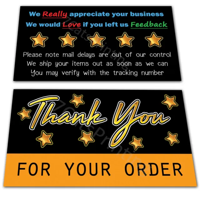 100 Thank You Cards for eBay Sellers Black Gold Stars with Amazon Colors