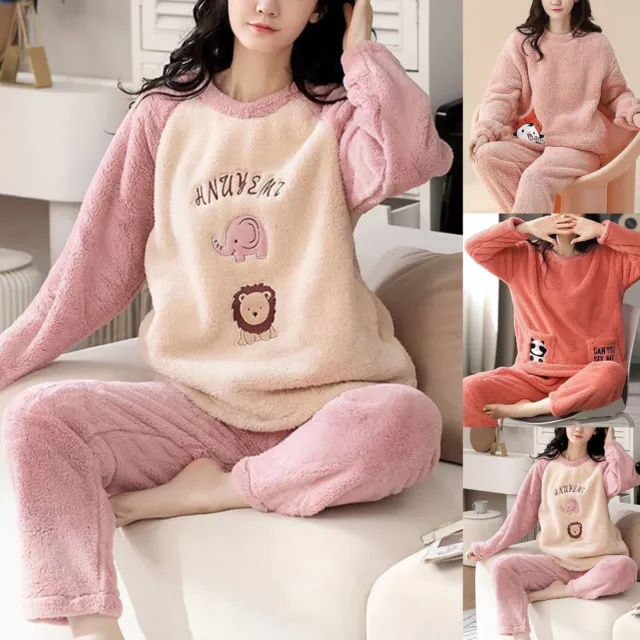 Women Fluffy Fleece Pajamas Set Winter Warm Flannel Sleepwear Suit Nightwear Set