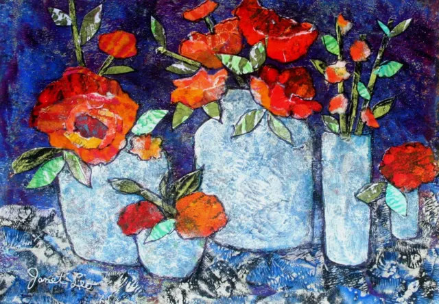 JANET LEO  sfa   ORIGINAL MIXED MEDIA   collage  BLOOMS OF FRIENDSHIP  floral