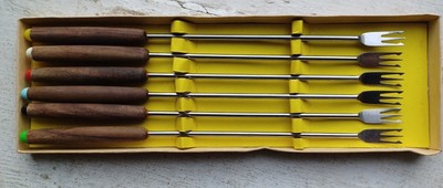 vintage MCM 6 piece set fondue forks stainless steel wood handles Japan