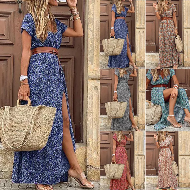 Womens Boho Floral V-Neck Maxi Dress Ladies Summer Beach Casual Holiday Sundress