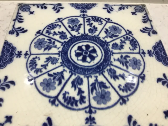 Wedgwood Late Victorian Blue+ White Chinese Style Floral Tile 6”x 6" C 1890 2