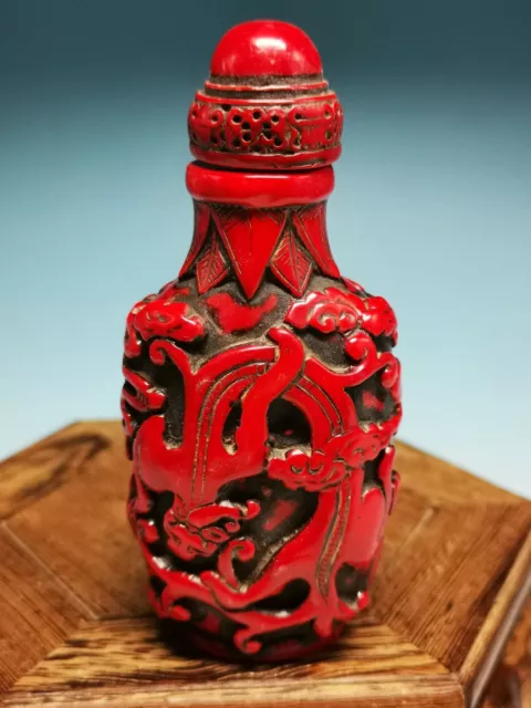 .Collection Old Nice Chinese Red Coral Carved Beasts Pattern Snuff Bottle R20