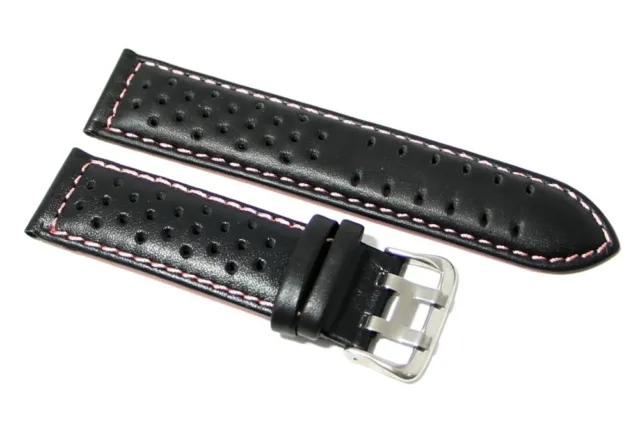 Cinturino per orologio vera pelle nero cuciture rosa fori passanti 18mm 380