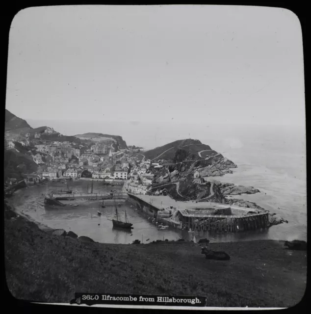 ANTIQUE Magic Lantern Slide ILFRACOMBE FROM HILLSBOROUGH C1900 OLD PHOTO DEVON