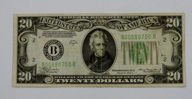 1934 A - $20 Federal Reserve Note New York - Circulated