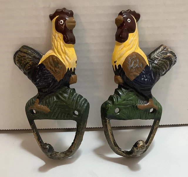 Cast Iron Hook Hanger Towel Coat Hat Key Rack Hen Rooster Chicken Metal Lot Of 2