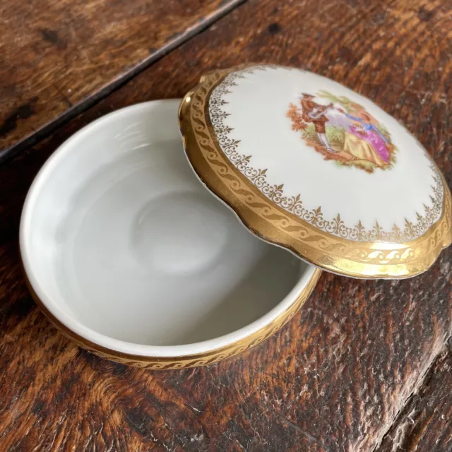 Limoges Gold Rimmed Trinket Pot and Lid with Courting Couple Design 3