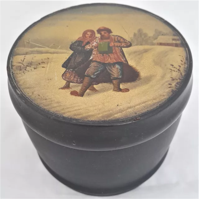 Antique Russian Papier Mache Lacquer Box Tea Caddy Hand Painted Vishnyakov 1885