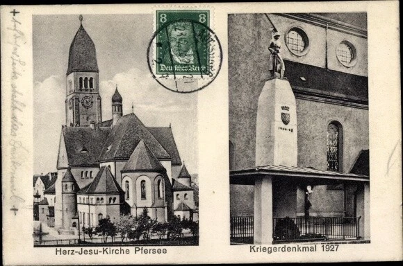 Ak Pfersee Augsburg in Schwaben, Herz Jesu Kirche, Kriegerdenkmal - 10629607