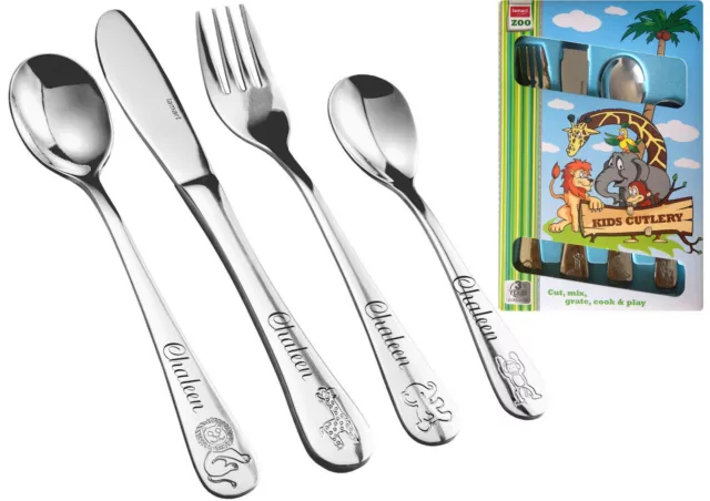 ID Kinderbesteck Zoo Tiere mit Gravur nach Wunsch 4-teilig Edelstahl mit Box Neu