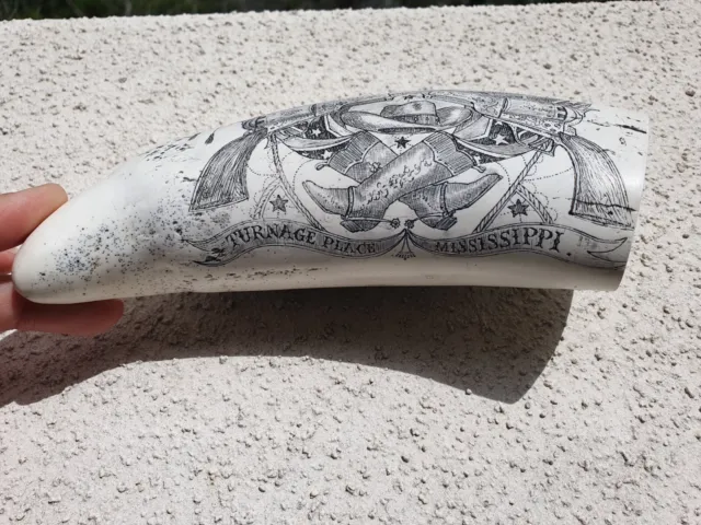 Scrimshaw Replica Reproduction Resin Whale Tooth TURNAGE PLACE MISSISMISSISSIPPI