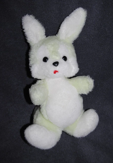 Peluche Doudou Lapin Vert Blanc NOUNOURS Yeux Nez Durs Ancien Vintage 30 Cm TTBE