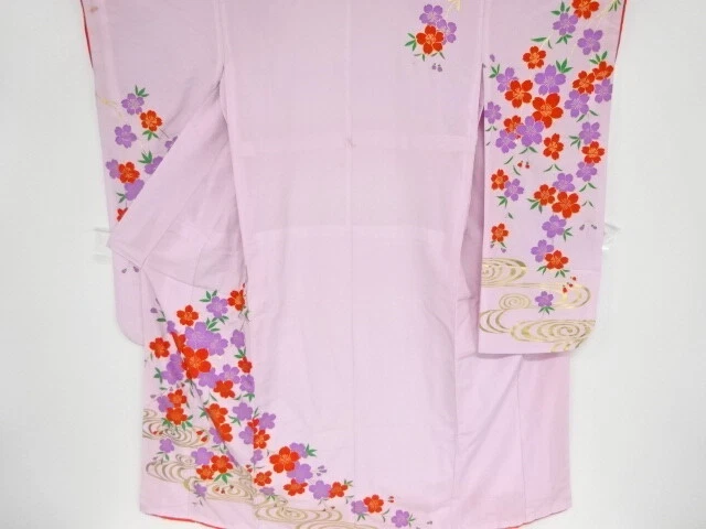 42293# Japanese Kimono / Antique Hitoe Furisode / Sakura & Spiral Pattern