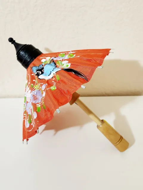 Vintage Thailand Parasol Umbrella Bamboo Shaft/Ribs Handpainted Floral/Birds 11"