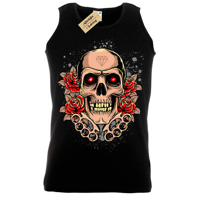 Knuckle Duster Skull T-Shirt rose diamond biker Vest Mens