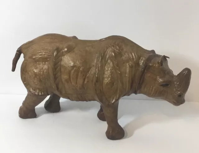 Vintage Leathered Wrapped Rhinoceros Brown With Glass Eyes