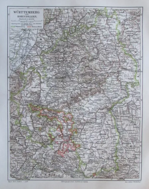 1897 Württemberg Deutschland - Lithografie alte Landkarte old map