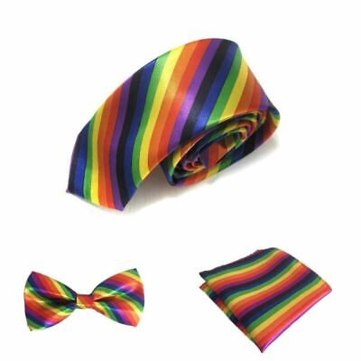 Uomo Arcobaleno Cravatta Set Righe Gravata Slim Fiocco Fazzoletto da Tasca