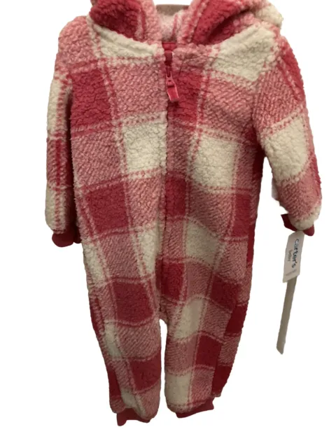 Carter’s Baby Girls Pink Plaid Hooded With ears Zip Up Fleece Jumpsuit 12M New