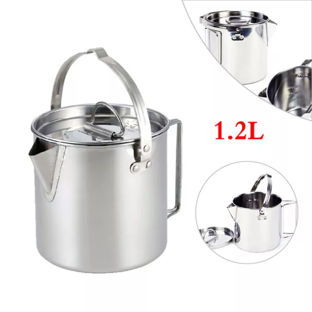 1.2L Stainless Steel Outdoor Picnic Camping Cooking Kettle Hanging Pot w/ Lid