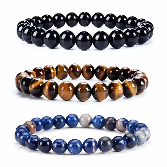 8mm Natural Stone Crown Bracelet Bangle Tiger's Eye African Roar Round Beads Men 2