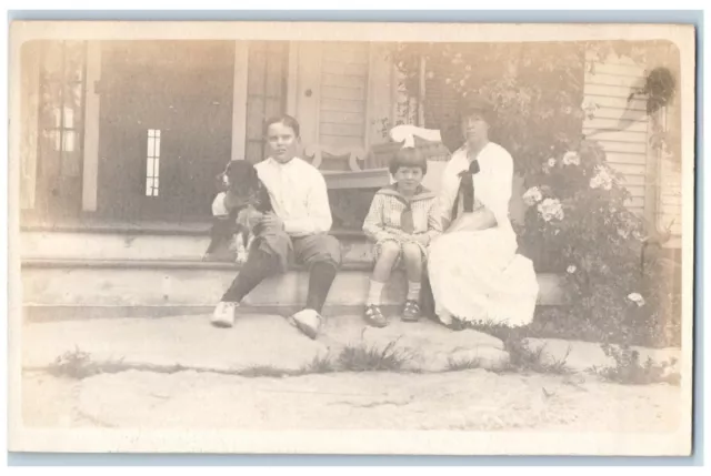 c1910s Grandma And Children Irish Setter Dog Flowers Antique RPPC Photo Postcard