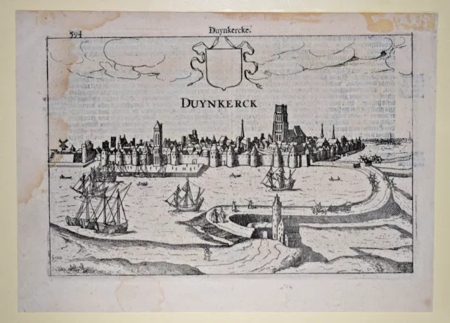 Incisione Legno Dunkerque Nord Duynkerck Marina Porto Barche 23x16cm 1575