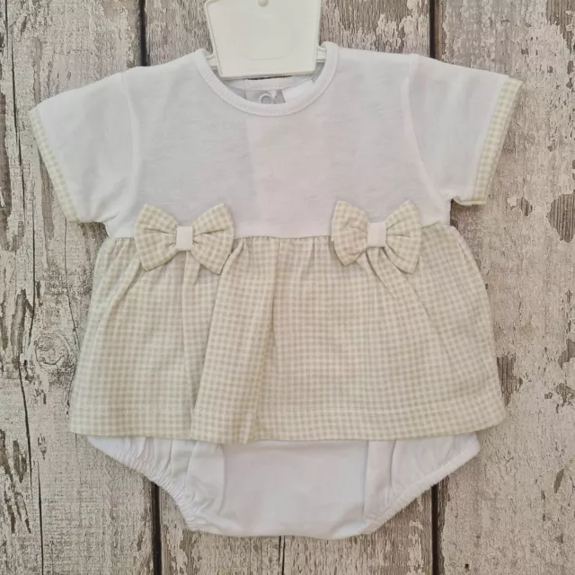 Baby Girl Spanish Style Taupe & White Check Dress and Jam Pants Set
