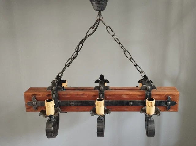Lustre Rustique Ancien à 6 Branches En Bois Et Chaînes En Fer - Décoration D'intérieur