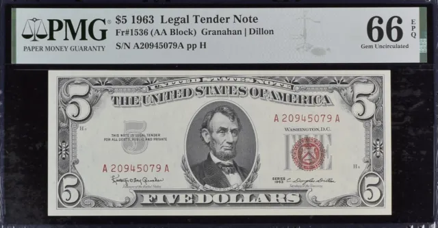 1963 $5 Five Dollars Red Seal Fr#1536 PMG Graded 66 Gem Uncirculated