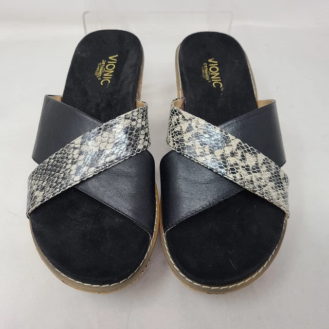 Vionic Montego Womens Wedge Sandals Size 8 Black Leather Snake Print