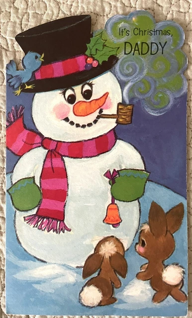 Unused Christmas Snowman Smoke Pipe Bird Rabbits Vintage Greeting Card 1970s