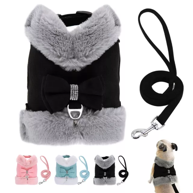 Cute Bow Tie Dog Cat Harness and Leash Warm Fleece Mesh Padded Vest Winter Coat