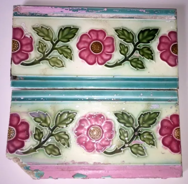 Antique Old Embossed Flower Design Majolica Art Nouveau Architecture Tiles Japan