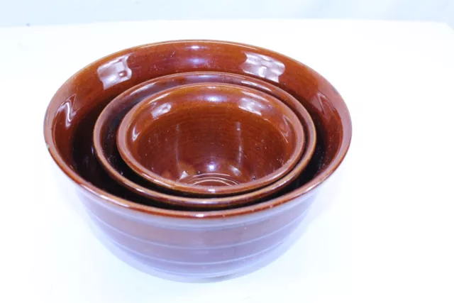 Mar-Crest Stoneware Brown Mixing Bowls 8", 6" & 5" Lot of 3 2