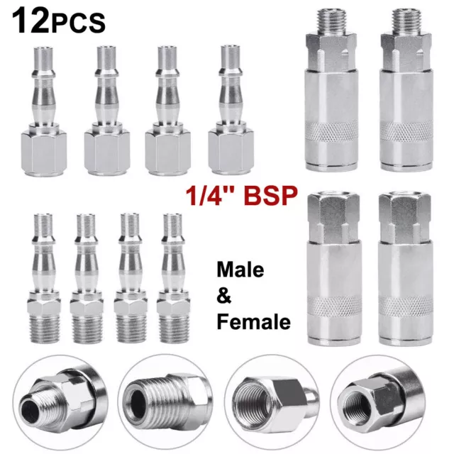 12PCS Euro Air Line Hose Fitting Connector Quick Release Male Female 1/4 BSP Kit