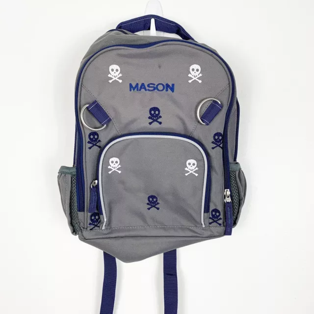 Pottery Barn Kids School Backpack Skulls And Bones “Mason” Small Size Gray Blue