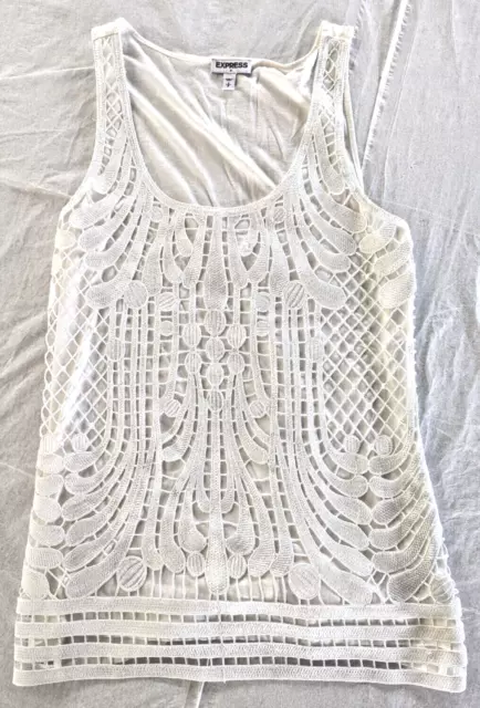 Express Womens White Tank with White Crochet Lace Overlay - Size Small