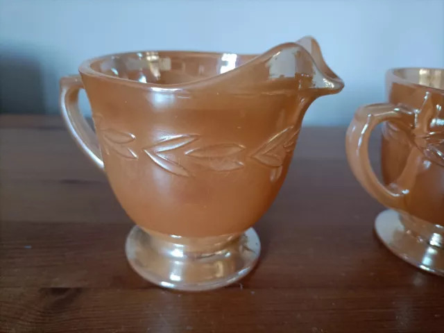 1950s glass milk jug sugar bowl basin Fire-King peach lustreware Laurel vintage 3