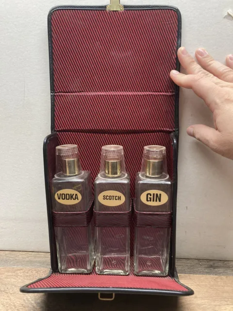 Vintage Travel Bar Case w/ Crest and Gin, Scotch and Vodka Glass Bottles
