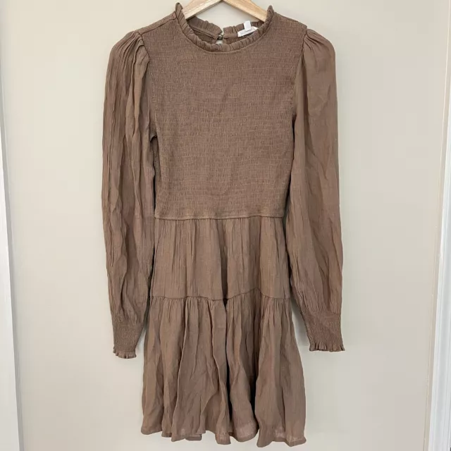 By The River Midi Dress Womens Medium Brown Smocked Tiered Ruffle Cottage Boho