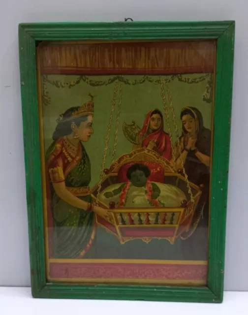 Antique Old Collectible Hindu God Krishna Birth Holy Lithograph Print Framed