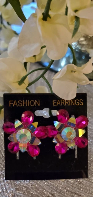 Ballroom Dance Jewelry Earrings  Fuchsia Crystal AB Clip on