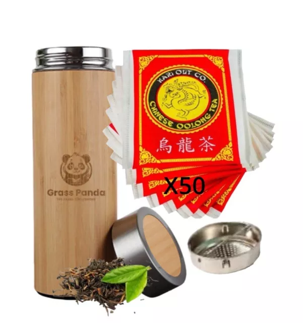 Bamboo Eco-Friendly Travel Thermos Paired With Oolong Tea Bags 50 Premium Packs