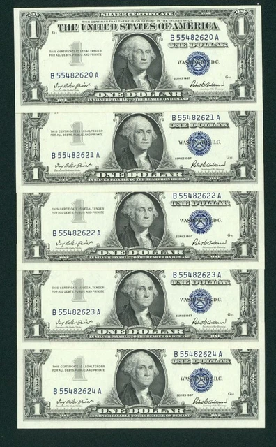 ((FIVE CONSECUTIVE)) $1 1957 Silver Certificate ((CHOICE CU)) DAILY AUCTIONS
