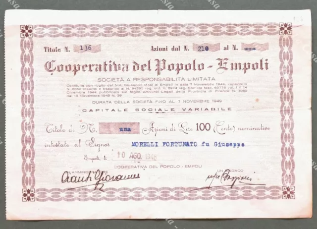 Scripofilia. COOPERATIVA DEL POPOLO-EMPOLI. Certificato per azioni da lire 100.